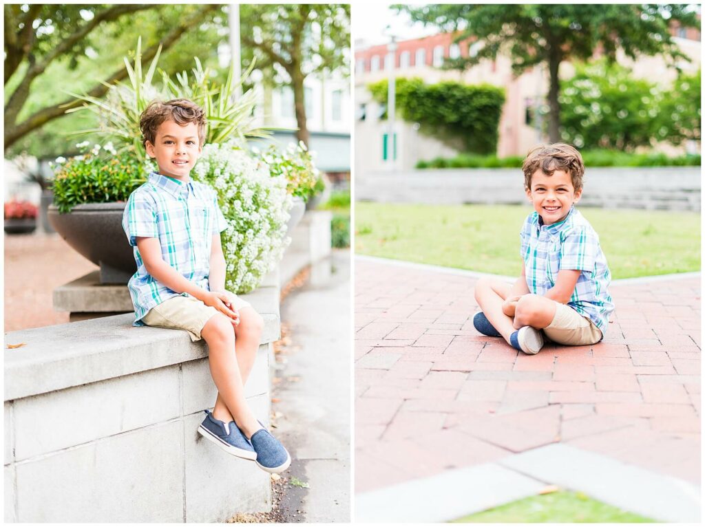 little boy in plaid shirt sitting in Downtown Savannah ellis square