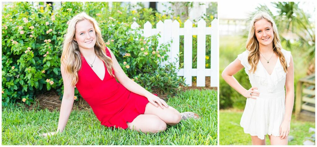 high school senior posing for senior portraits in a red dress with flowers and picket fence and in a white romper with marsh behind her