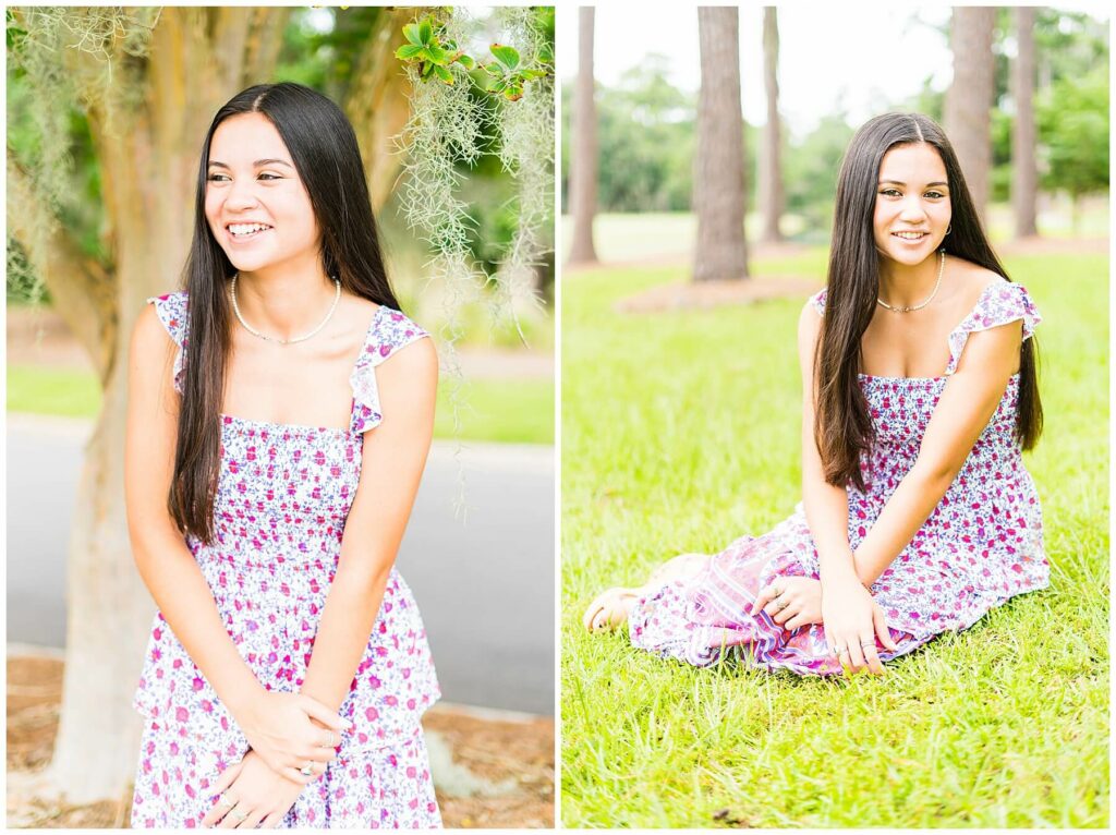 high school senior girl in floral maxi dress posing for senior portraits 
