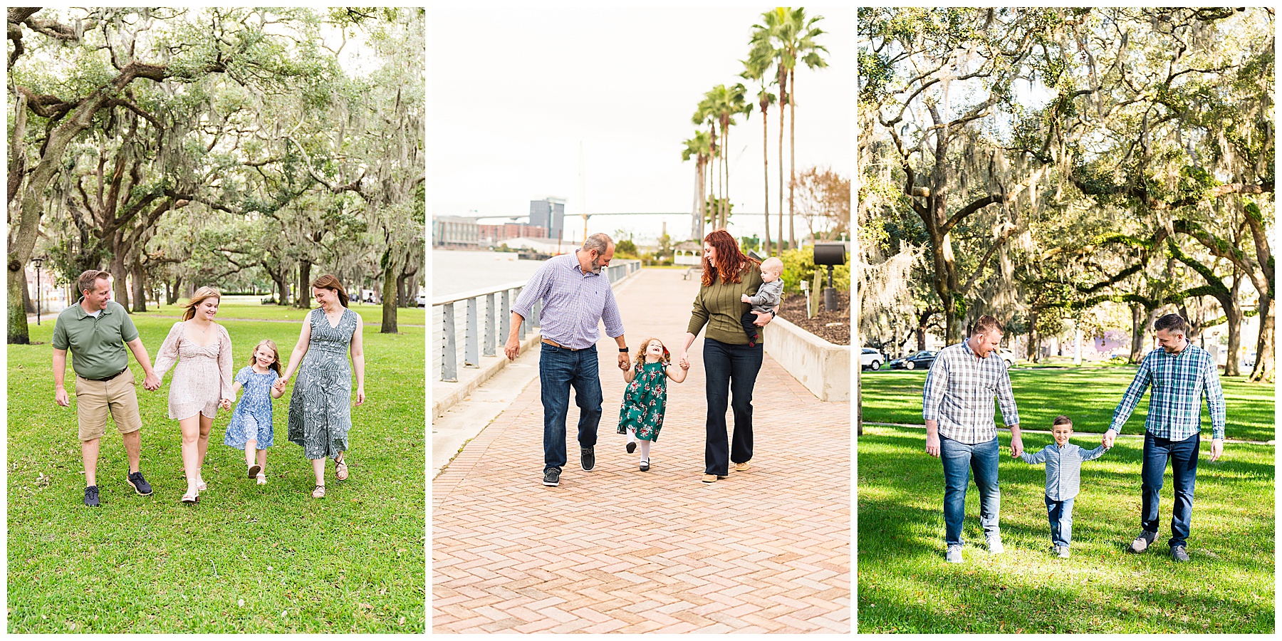 This image is a collage of three family portraits, each capturing joyful, candid walking moments outdoors. First (far left): A family of four walks hand in hand through a grassy park with oak trees draped in Spanish moss. The father wears a green polo and khaki shorts, the mother a patterned green dress, and their daughters wear light-colored dresses — one in pale pink, the other in blue. The youngest daughter swings happily between her parents, giving the image a lively, playful energy. Second (middle): A family of four is strolling along a brick walkway by the waterfront with palm trees and a bridge in the background. The father and mother each hold one daughter’s hands, lifting her playfully as she smiles mid-air. The mother also carries a baby in her other arm. Outfits are casual yet coordinated: dad in jeans and a checkered shirt, mom in a green sweater with dark jeans, daughter in a green floral dress, and the baby in neutral tones. The setting and action create a dynamic, warm family moment. Third (far right): Two fathers walk hand in hand with their young son in a sunlit park lined with oak trees. The fathers wear casual button-down plaid shirts with jeans, while the son wears a button-up shirt and jeans. The boy is being swung between them, his smile full of joy, while both dads look at him with pride and affection. Overall, this collage beautifully showcases family connection and movement — emphasizing natural smiles, laughter, and the bonds between parents and children in vibrant outdoor settings.