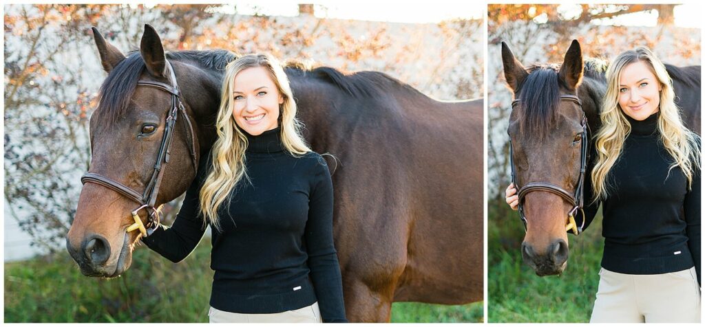 girl dressed in a black sweater and khaki beeches with a bay horse