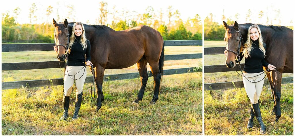girl dressed in a black sweater and khaki beeches with a bay horse