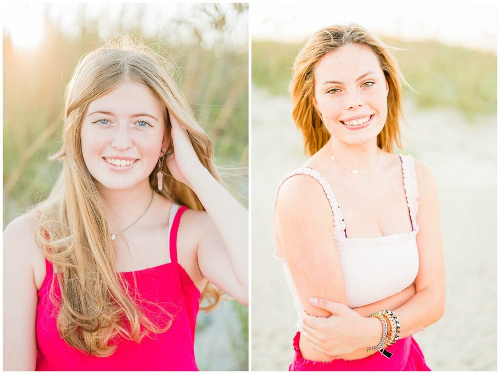 high school senior girls wearing pink at the beach for senior pictures 