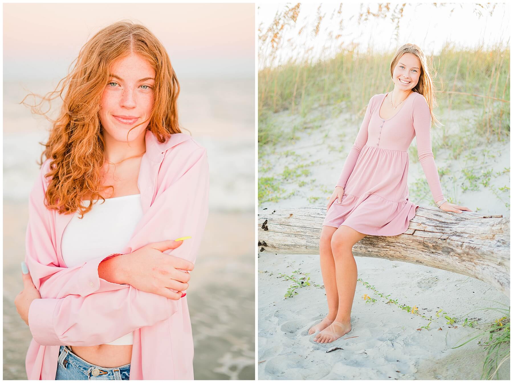 high school senior girls wearing pink at the beach for senior pictures