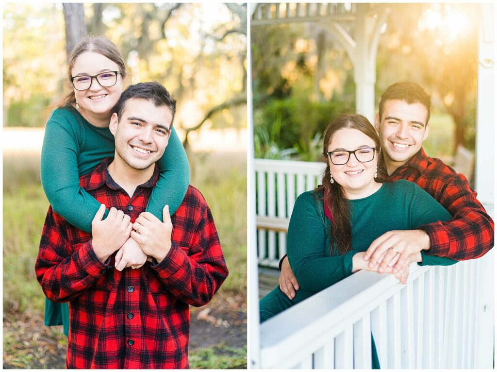 young couple dressing in Christmas green and red buffalo plaid smiling at camera with light flowing through Spanish moss