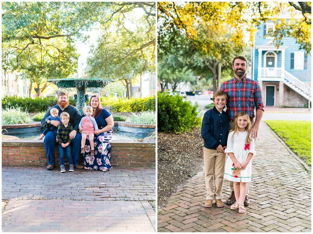 families in downtown savannah georgia standing in front of fountain smiling for camera