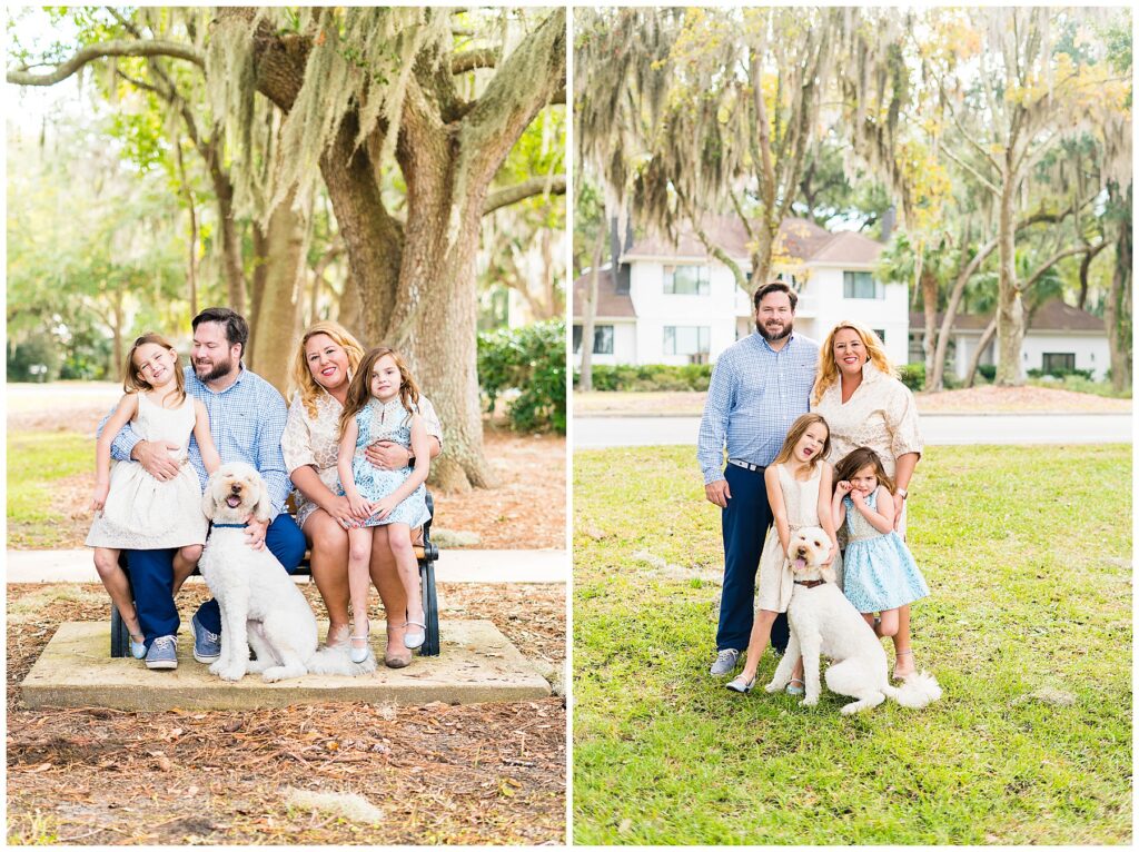 family of four sitting on bench with dog taking family photos 