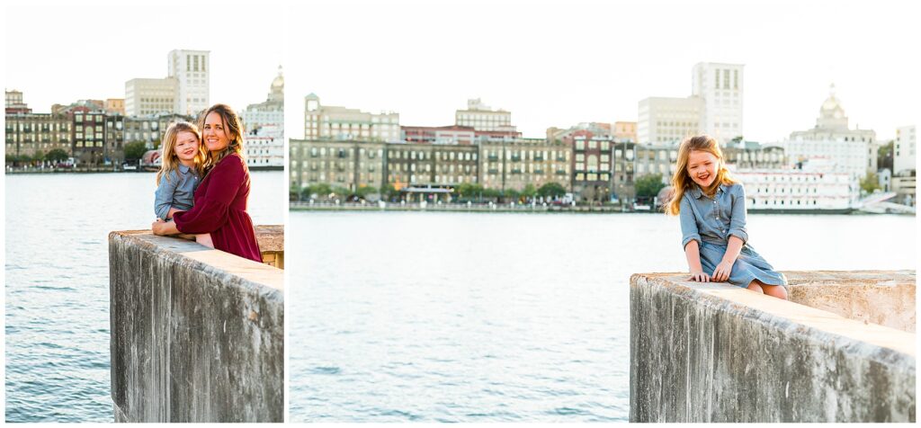 family photos on Hutchinson Island with downtown savannah in the background