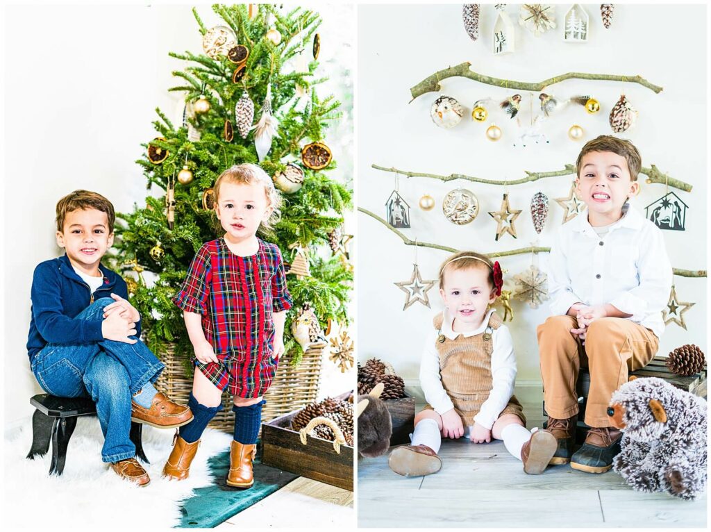 boy and girl posing for Christmas pictures 