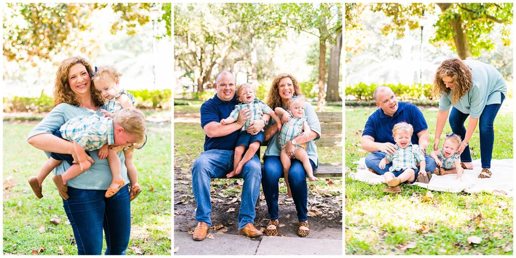 collage of a family with twins having some challenging moments in front of the camera