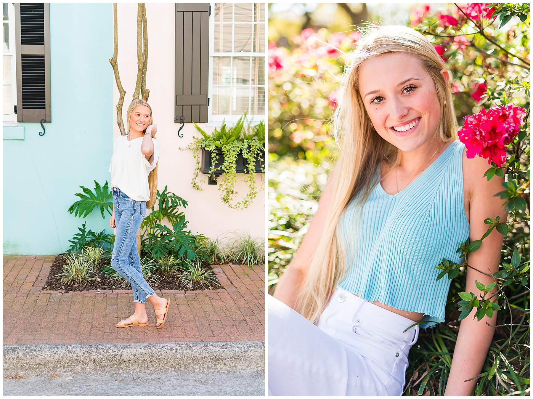 blonde girl in jeans and a white top walking in front of blue and cream stucco building and blonde girl in blue top and white pants sitting next to pink azalea bush in Downtown Savannah 