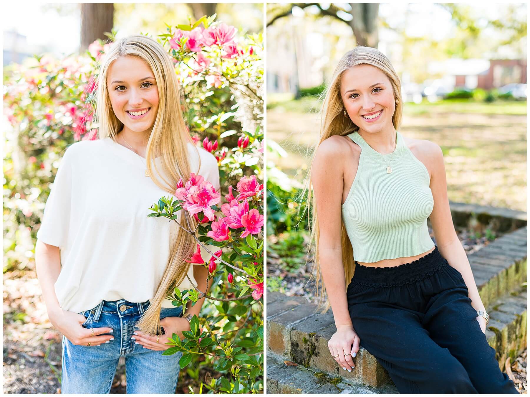 blonde girl in jeans and white shirt kneeling by pink azalea bust and blonde girl in green top and black pants sitting on brick planter in Downtown Savannah square