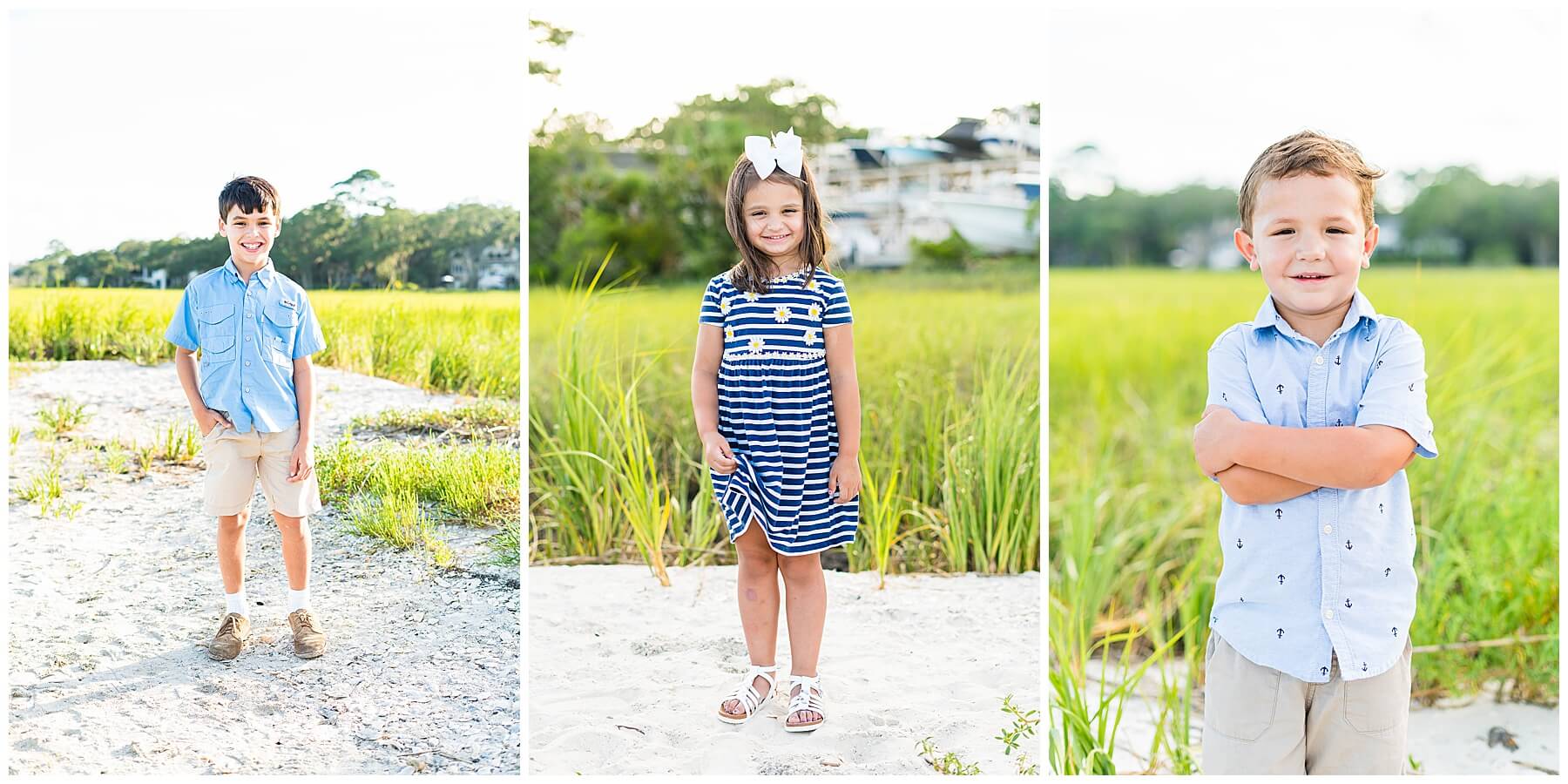 three kids standing on white sand with marsh in background for savannah family photos
