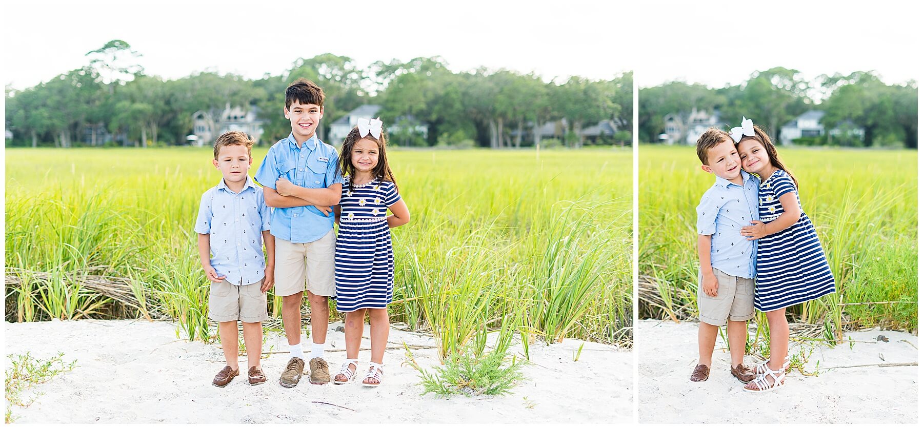 family photo in savannah Georgia three children standing in white sand with marsh in background