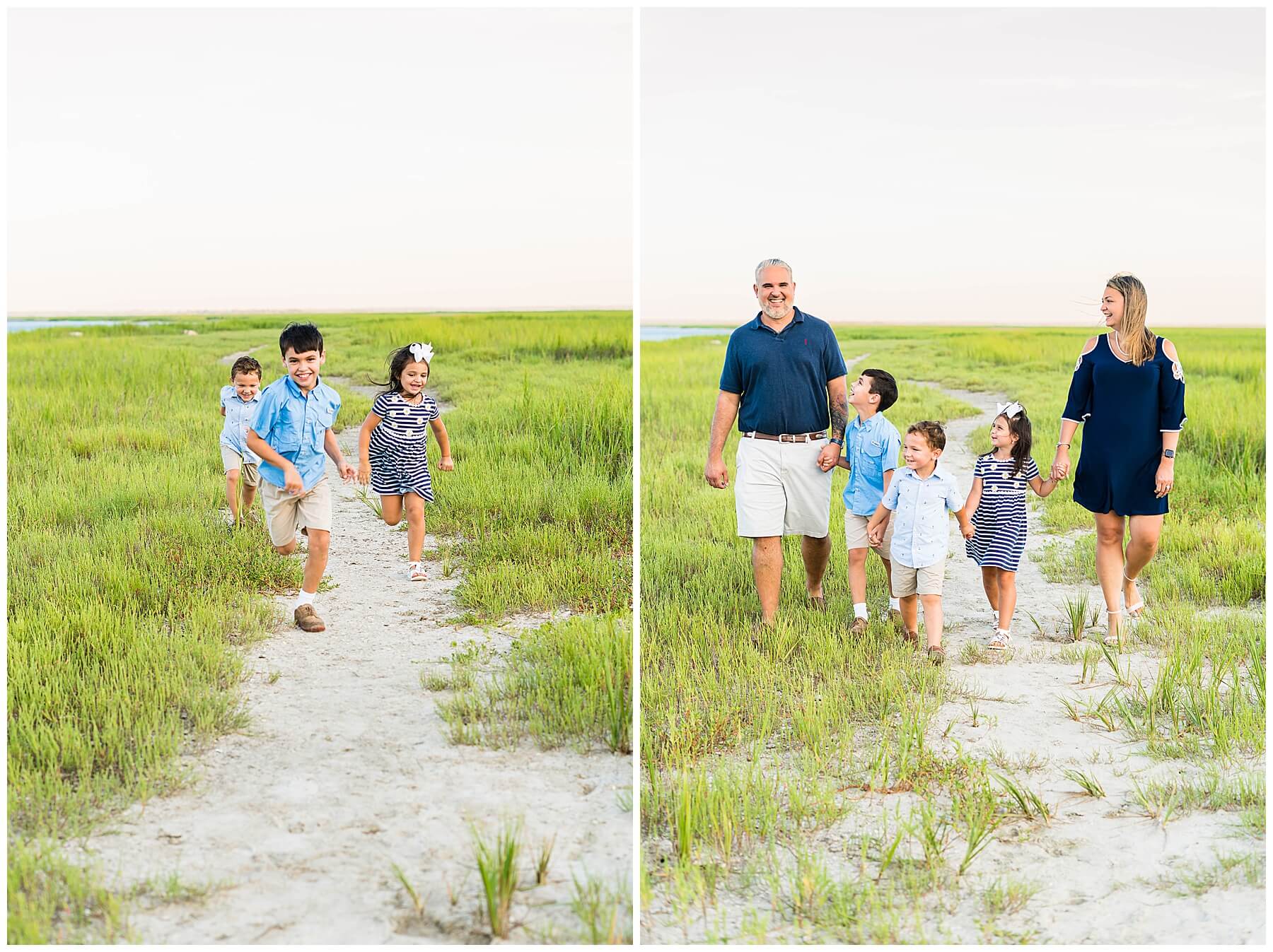 family of five walking down marsh path for family photos on Skidaway island 
