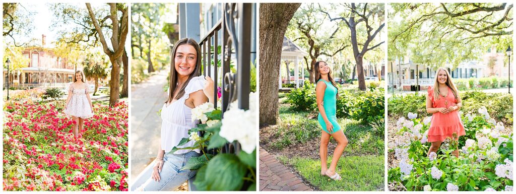 collage of 4 high school girls in downtown Savannah's Whitefield Square for senior photos