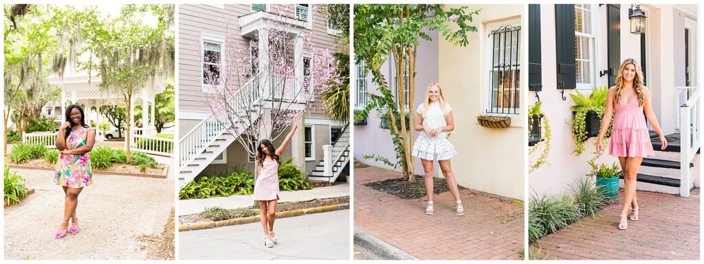 collage of high school senior girls having their senior pictures taken in downtown Savannah's Crawford Square 