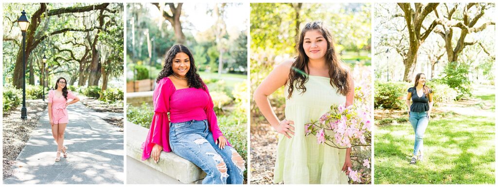 collage of 4 high school senior girls having their photos taken in Forsyth Park