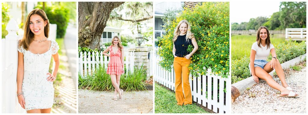 collage of high school senior girls having their senior pictures taken on Isle of Hope's Bluff Drive