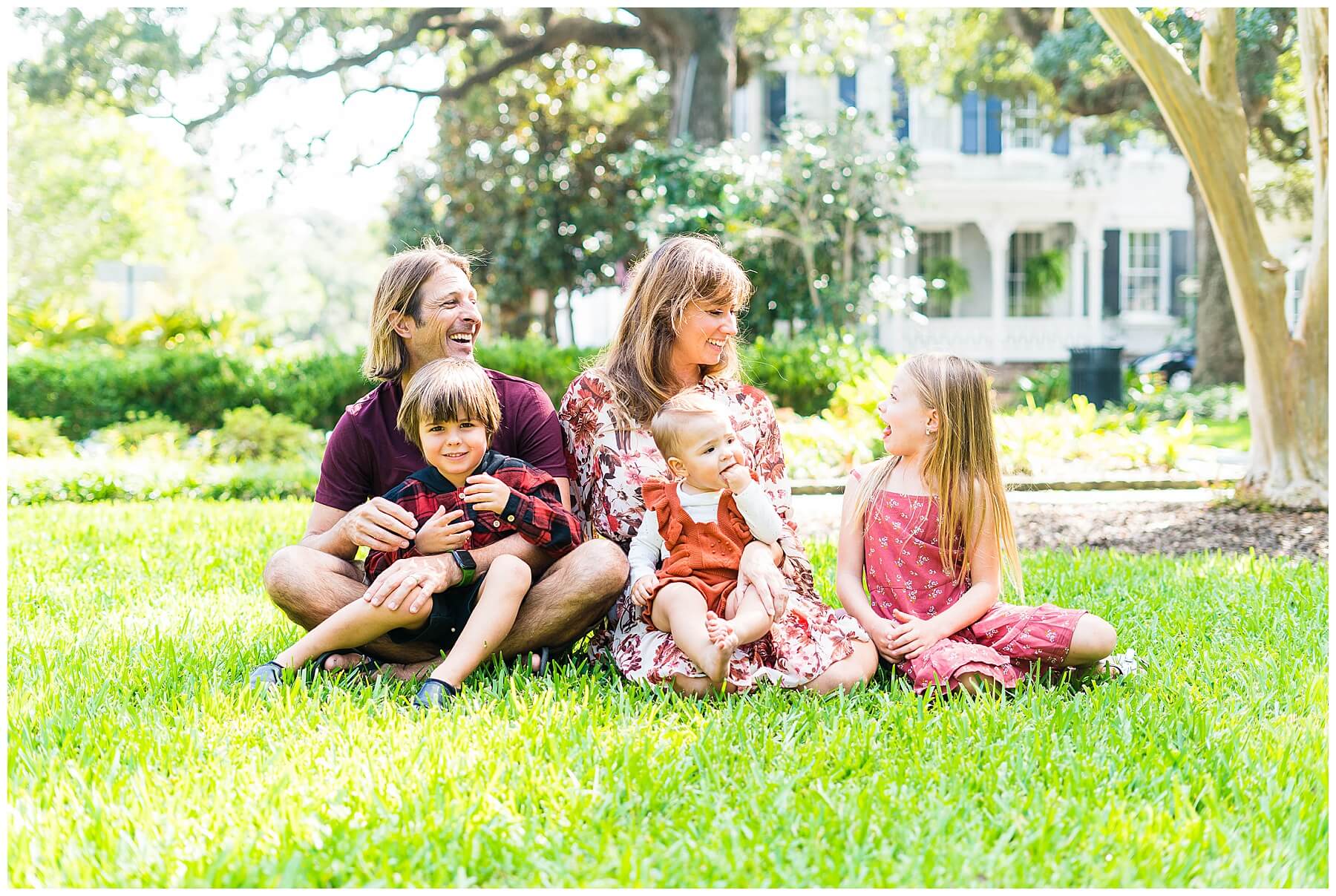 family of five in downtown savannah's Washington square