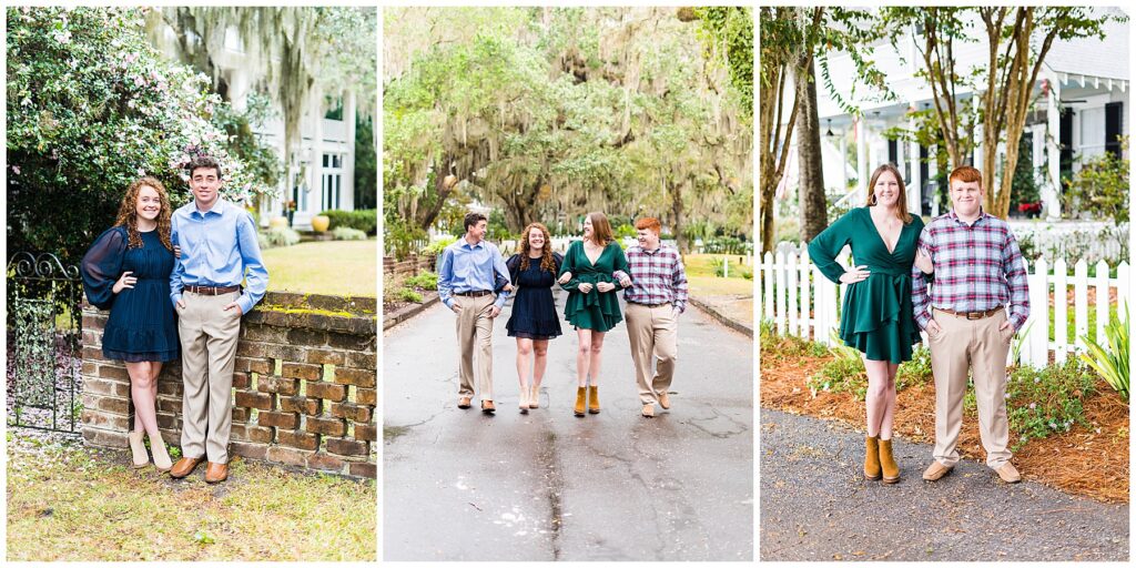 4 young adults standing together on Isle of Hope's Bluff Drive for family photos 