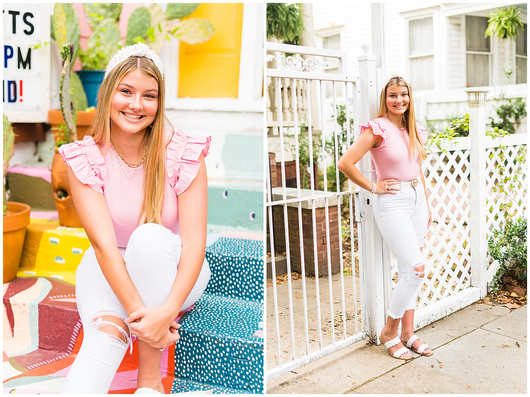 high school senior wearing a pink top and white pants smiling for photos in downtown savannah, Georgia