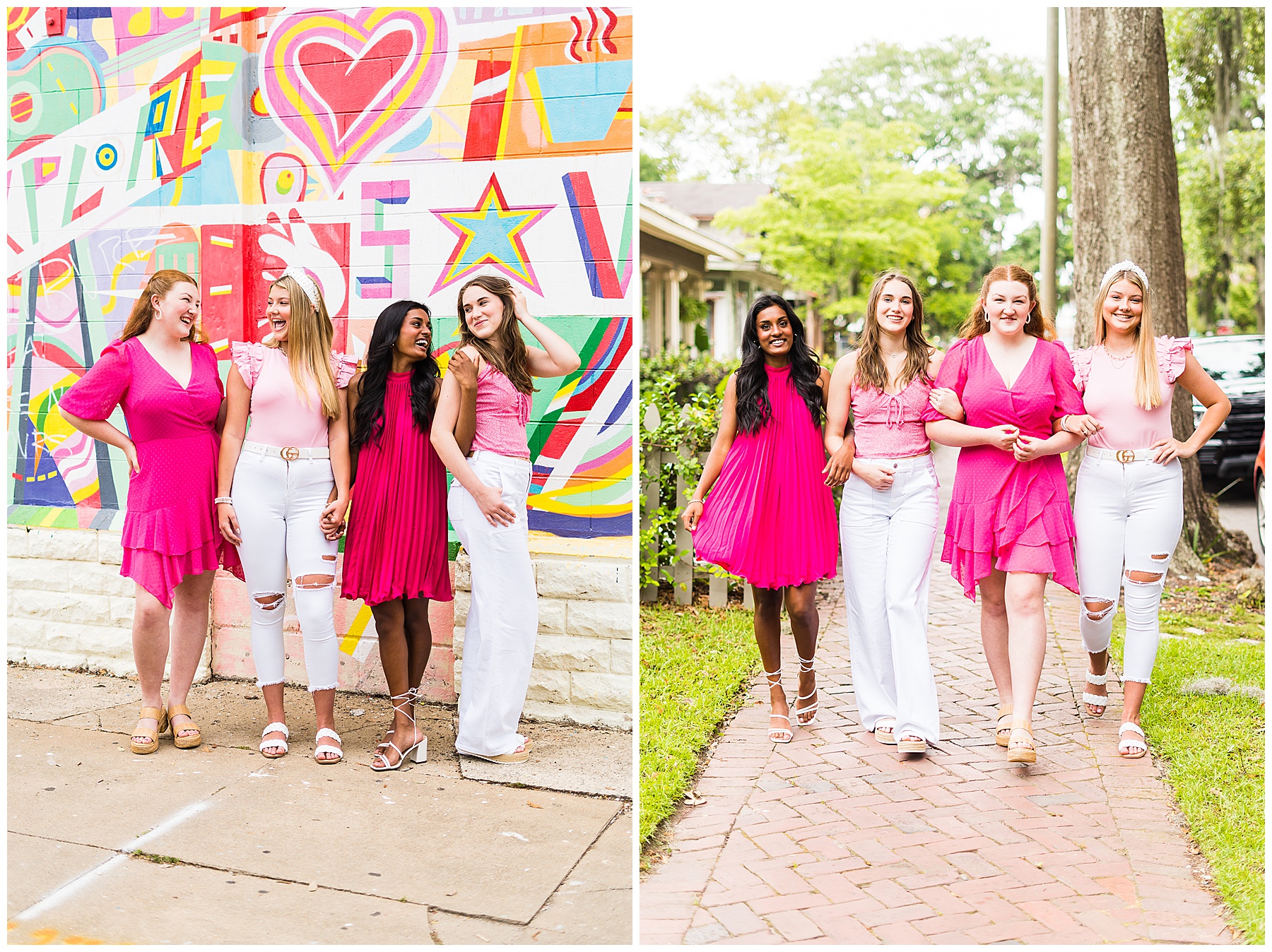 group of high school seniors wearing pink and white posing for photos in downtown savannah, Georgia