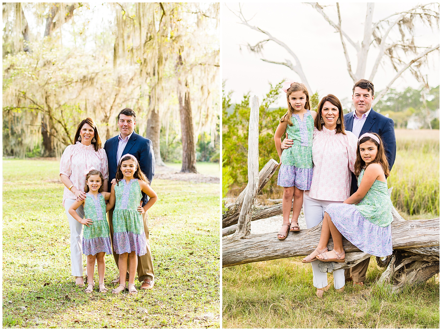 family of four in two locations on Skidaway Island for family photos. On the left, Tidewater Square and on the right the marsh