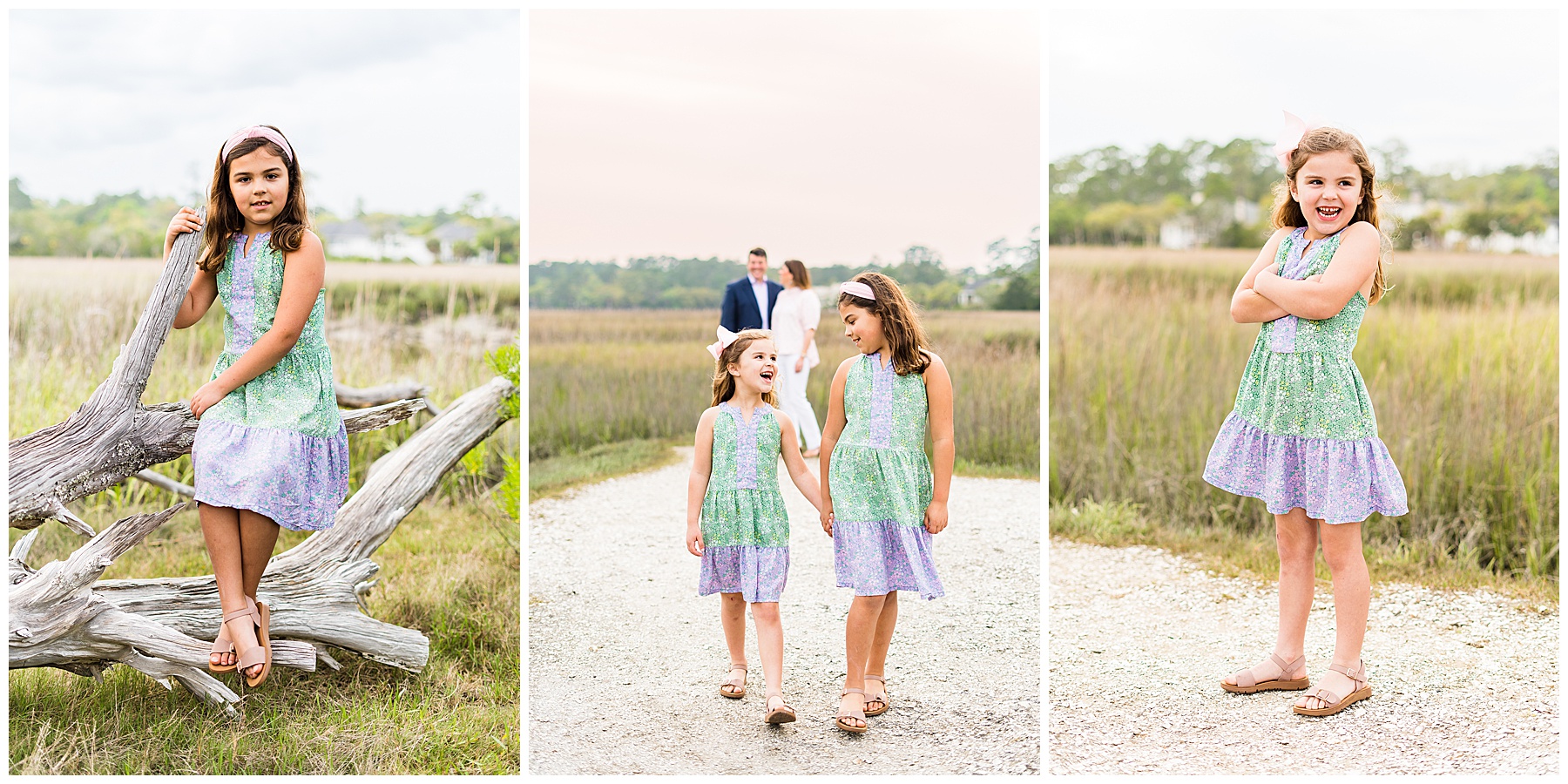 sisters in matching dresses posing for photos individually and together on the Skidaway Island marsh