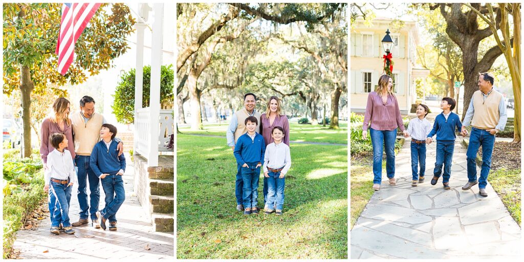 family of 4 in downtown Savannah's Washington Square for fall family photos