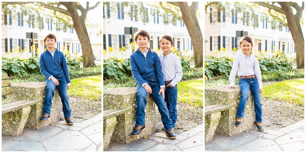 brothers in downtown Savannah's Washington Square for fall family photos