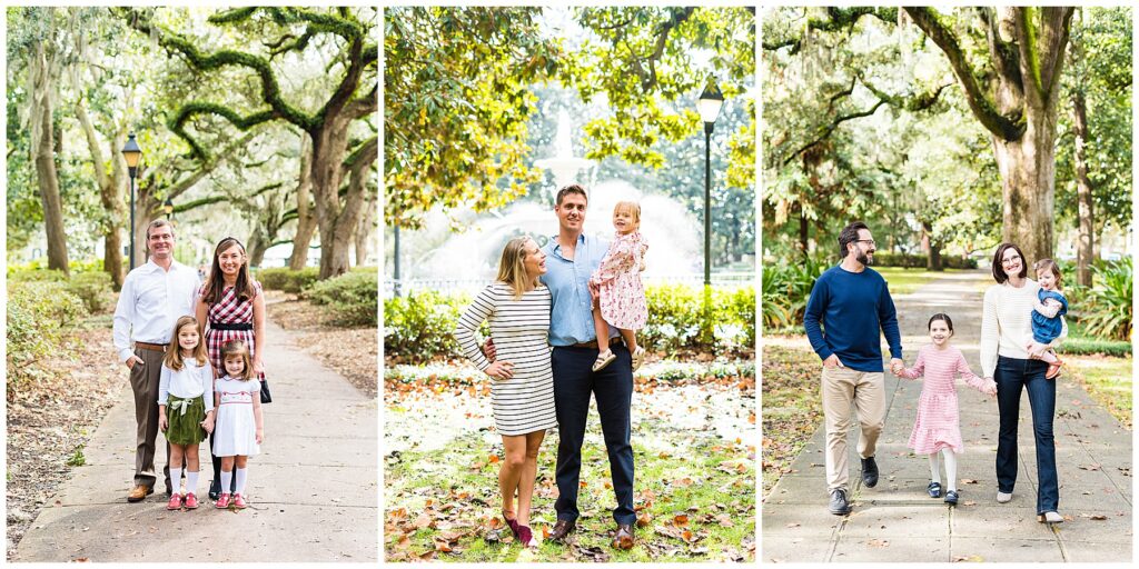a collage of families in savannah, Georgia's Forsyth Park posing for fall family photos 
