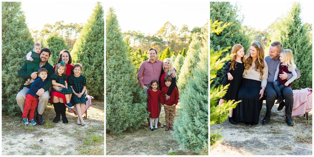 a collage of families at Rahn Farm's outside of Savannah Georgia having family photos taken in a Christmas tree farm