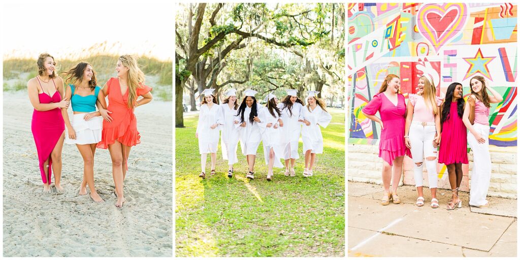 collage of 3 groups of senior girls standing and walking together for group photos in savannah Georgia 