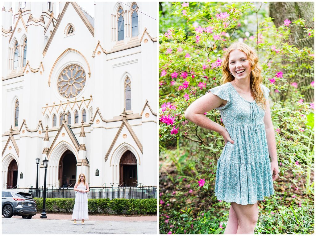 high school senior girl in front of Cathedral Basilica of St. John the Baptist and in front of some summer time azaleas in downtown savannah Georgia 