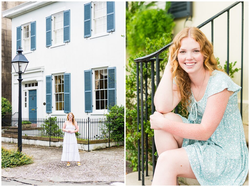 high school senior girl standing in front of a white house with blue shutters and sitting on stairs with an iron railing in downtown savannah Georgia 