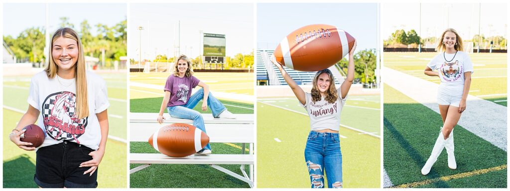 collage of high school senior girls modeling t-shirts on a football field in Savannah, Georgia