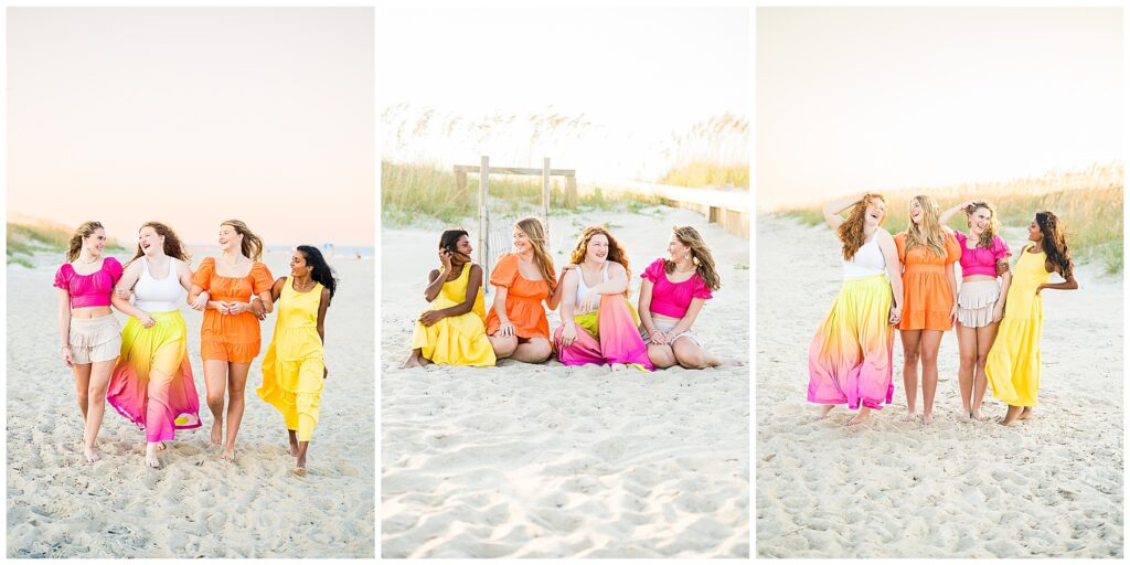 group of high school senior girl wearing sunset colors on the beach 