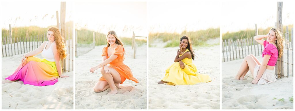 group of high school senior girl wearing sunset colors on the beach 