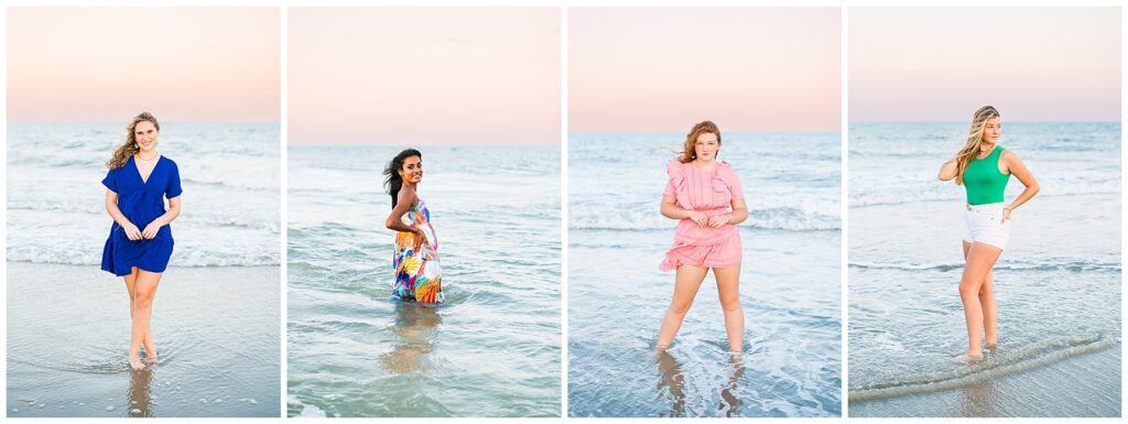 group of high school senior girl wearing bright and bold colors on the beach 