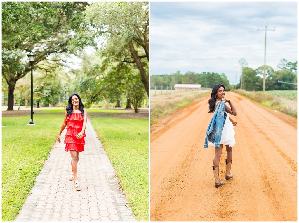 high school senior in a red dress walking down sweetheart circle and high school senior girl walking down dirt road
