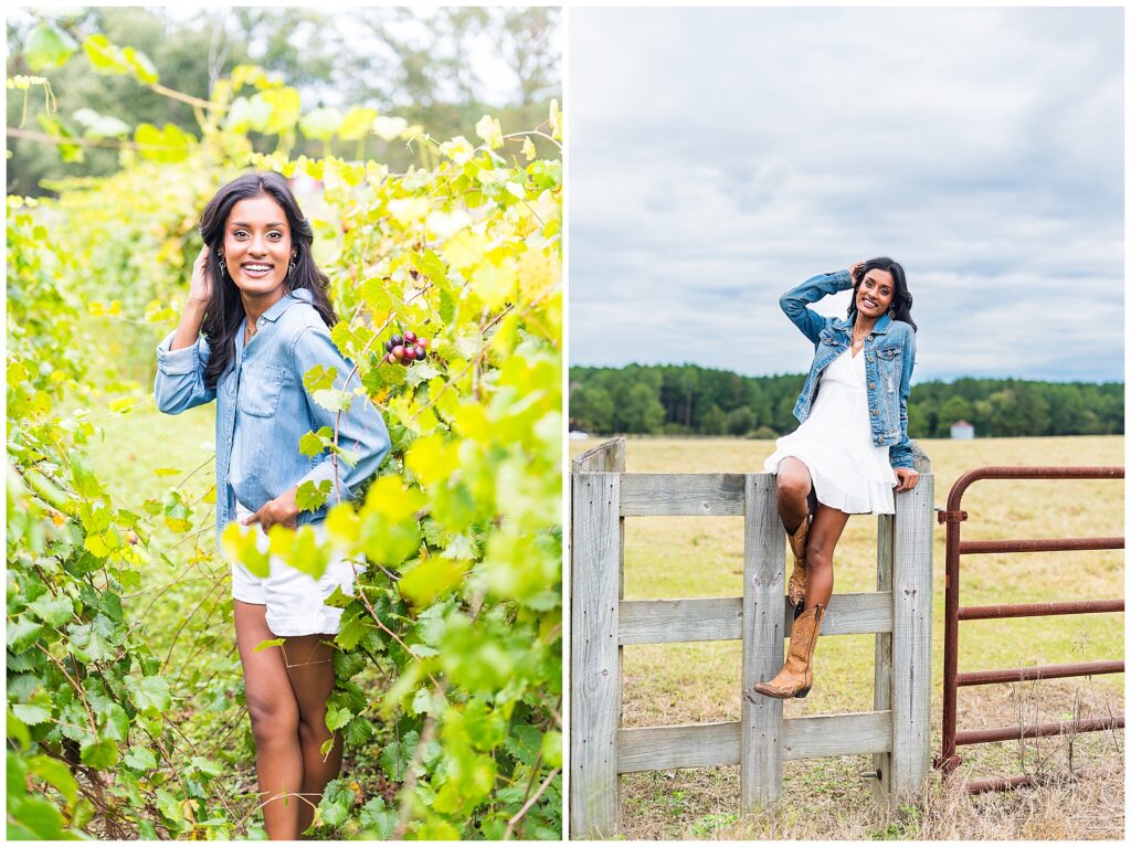 high school senior standing in grape vines and sitting on a fence in Statesboro Georgia