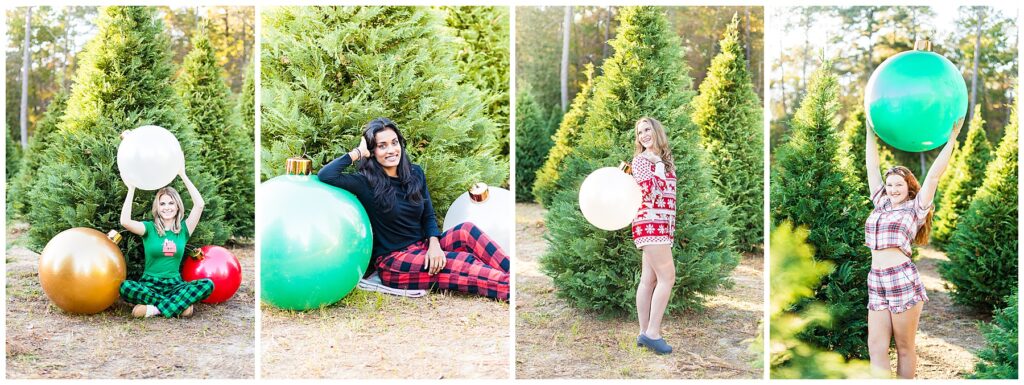high school senior girls having their pictures taken in a Christmas tree farm