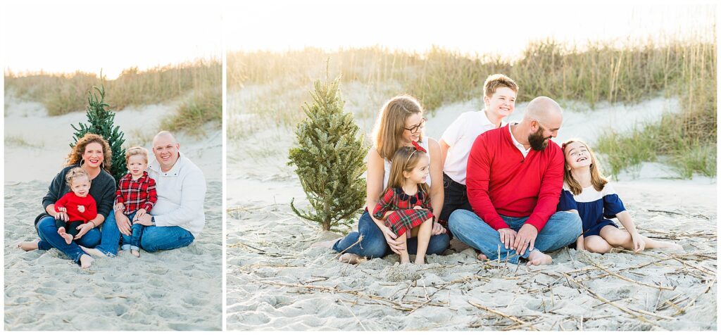 family photos on Tybee Island at sunset with a Christmas tree