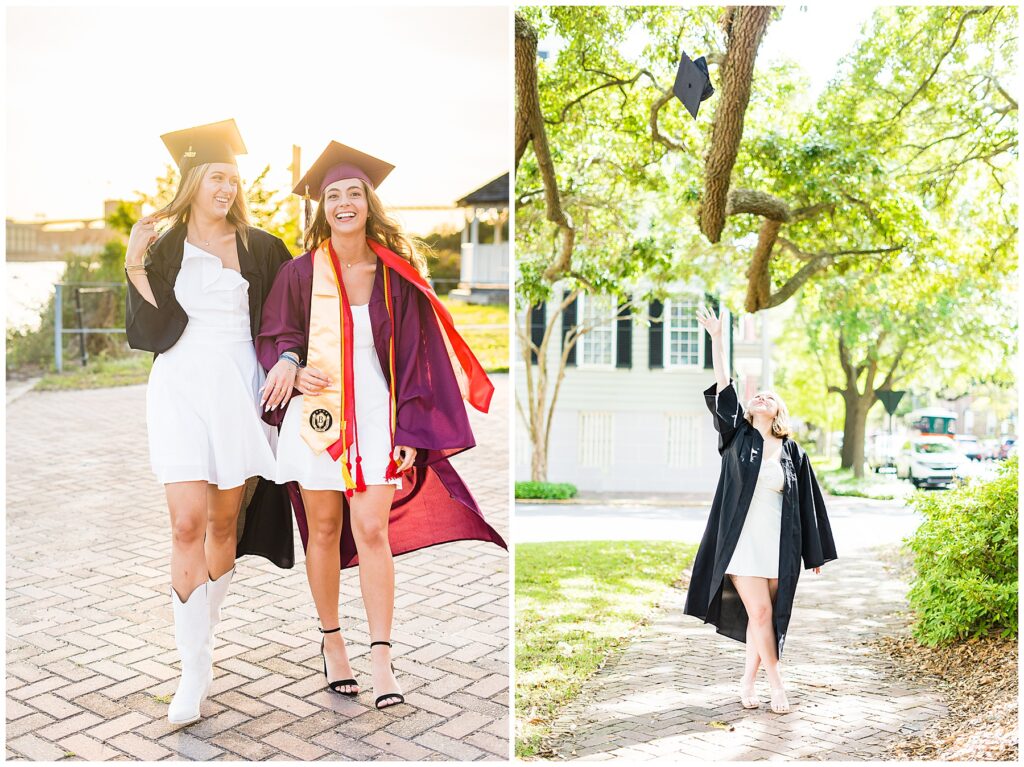 high school graduates walking toward camera in cap and gowns