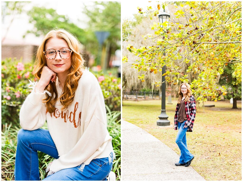 high school senior standing in Downtown Savannah for a senior session