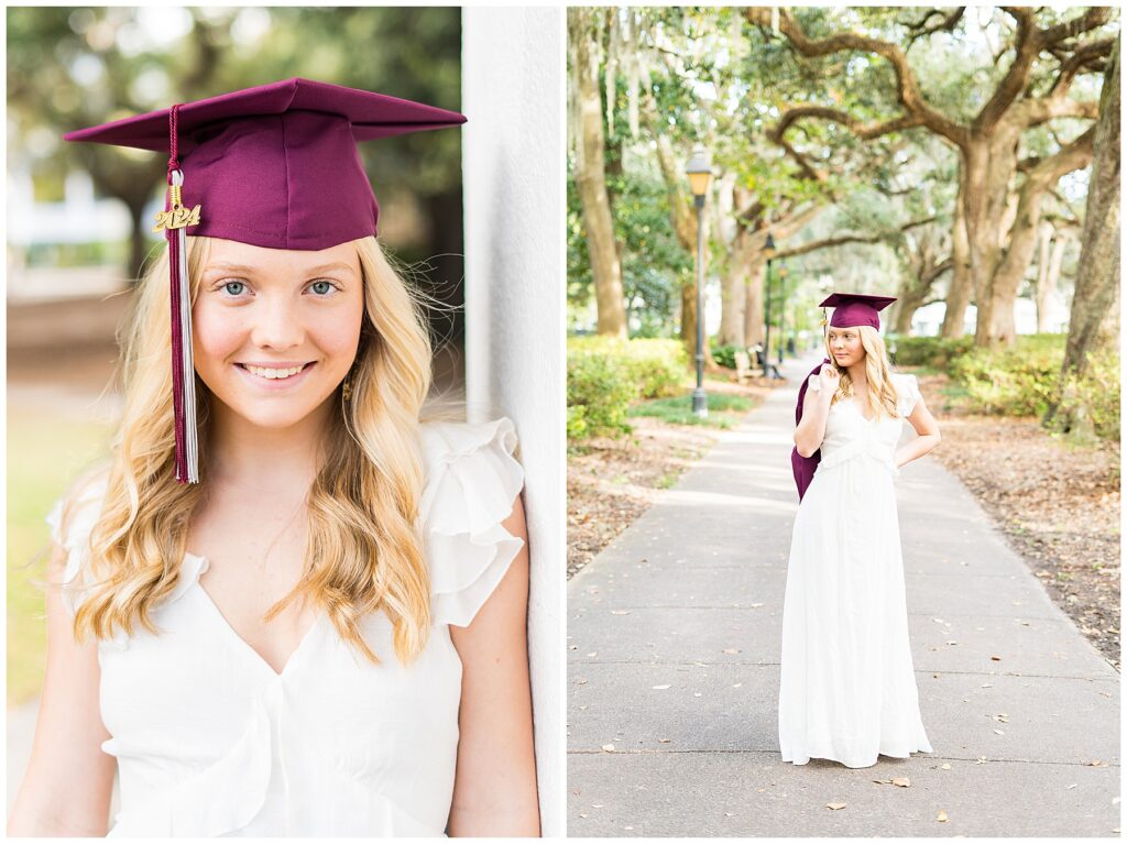 high school senior in a cap and gown and white dress posing for senior pictures in Forsyth Park