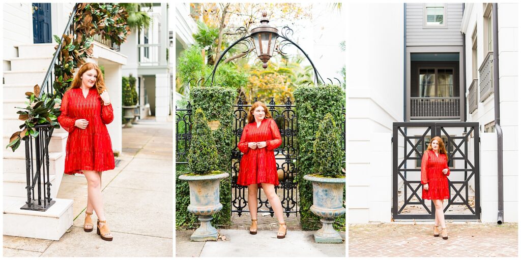 high school senior wearing a red dress standing in downtown Savannah's Taylor square area