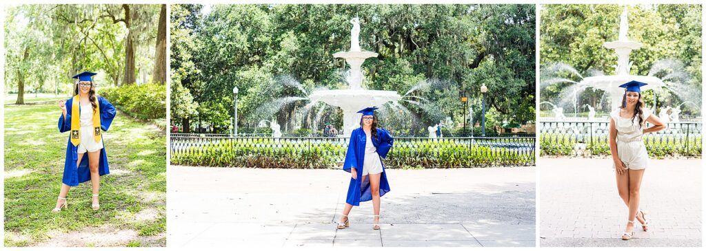 high school senior wearing a white romper and blue cap & gown in Savannah's Forsyth Park