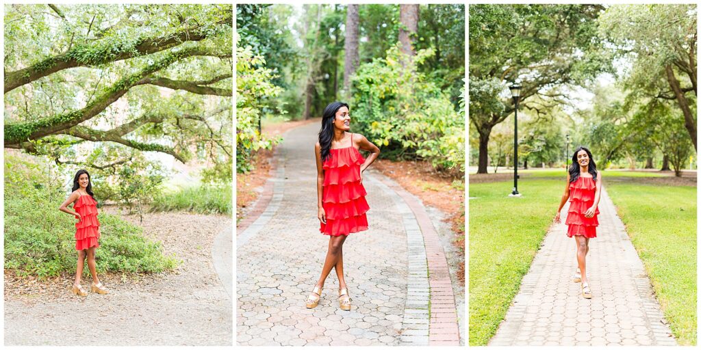 high school senior wearing a red dress standing in Georgia Southern's Sweetheart Circle